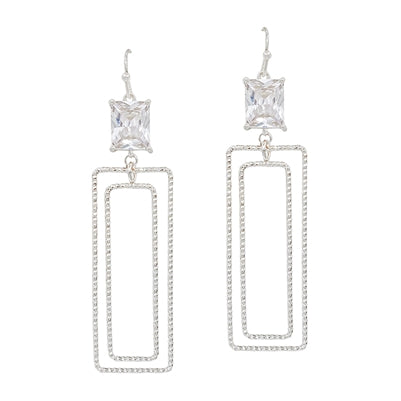 Clear Crystal with Open Silver Rectangle 2 Earring