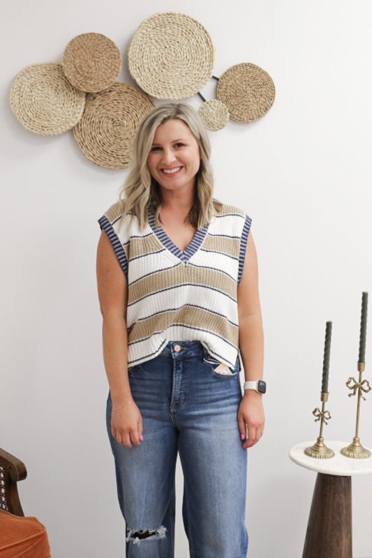 Cozy Hues Camel Blue Stripe Sweater Vest