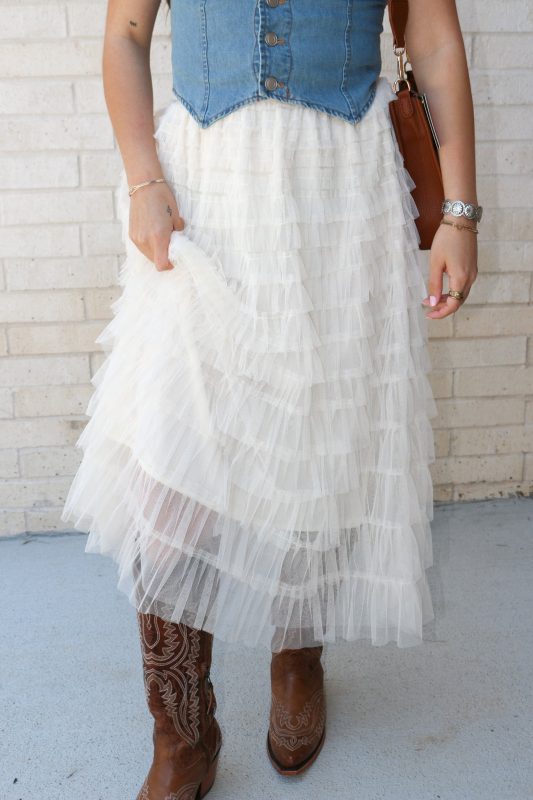 Classy & Sassy Mesh Tiered Beige Skirt
