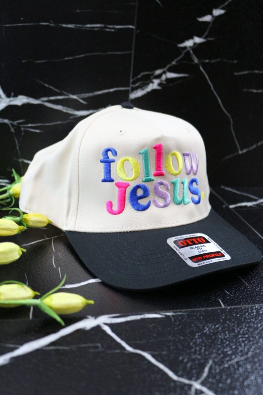 Follow Jesus Natural Black Trucker Hat