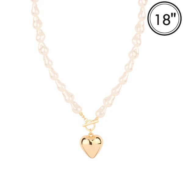 Freshwater Pearl Chain Gold Puffy Heart 16-18 Necklace