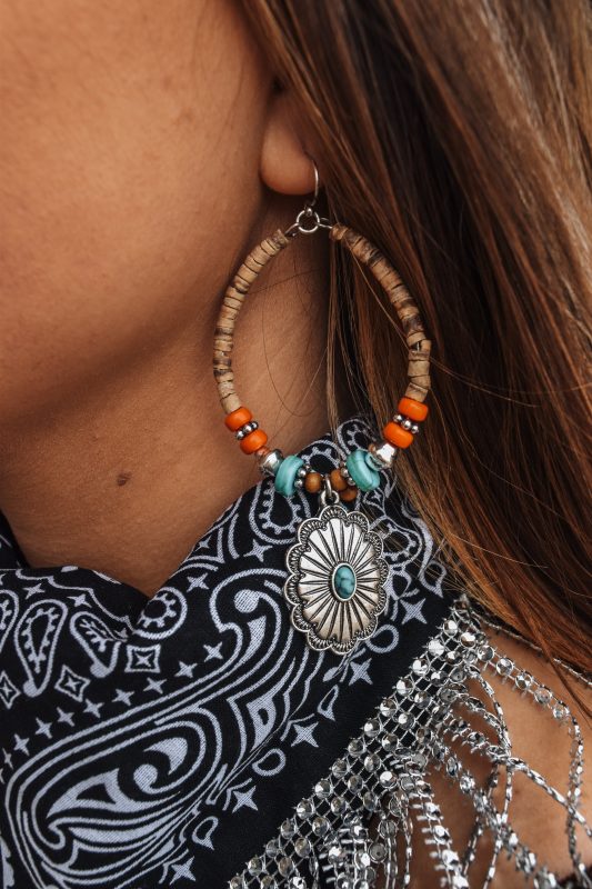 Flower Silver Wood Beaded Hoop Earrings