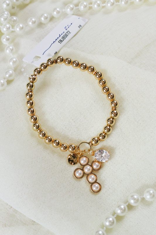 Gold Beaded Cross Charm Bracelet