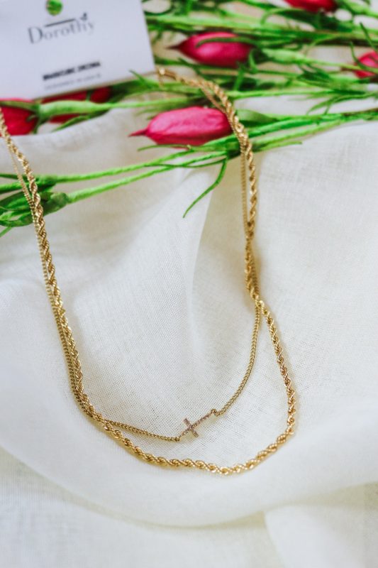 Gold Braided Chain with Rhinestone Cross Layered 16-18 Necklace