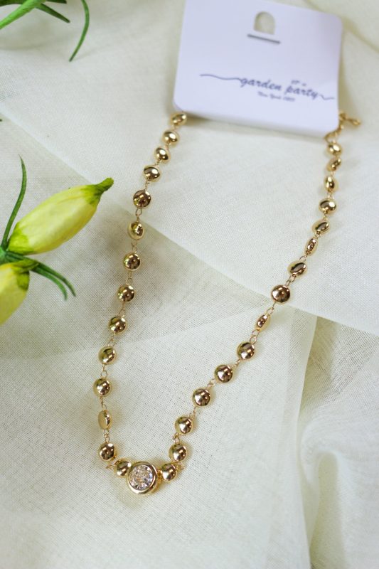 Gold Beaded Chain Clear Crystal Necklace