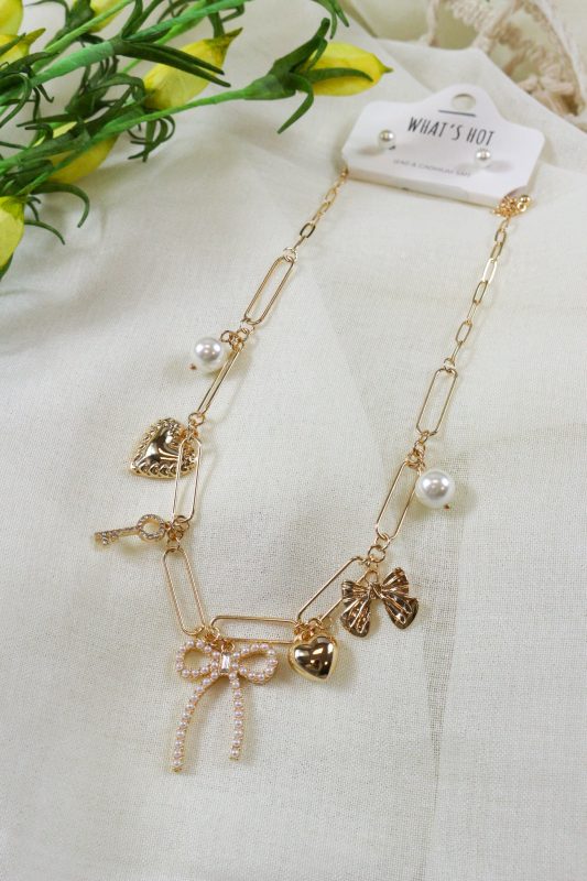 Gold Chain Pearl Bow, Hearts, Key Charm Necklace