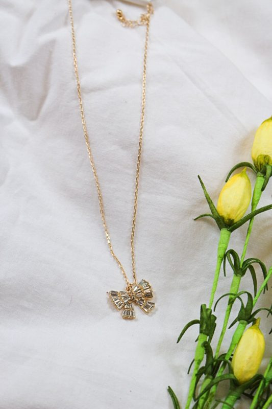 Gold Chain Rhinestone Bow Charm 16-18 Necklace