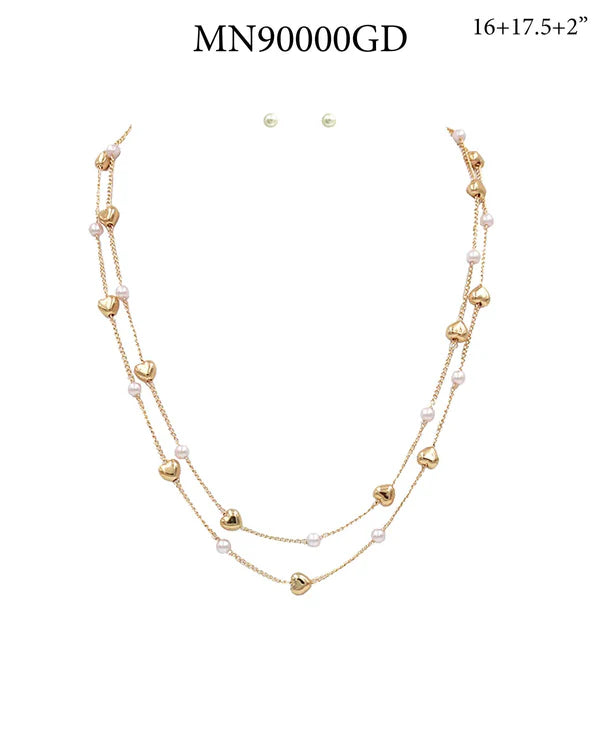Gold Heart and Pearl Two Layered 16-18 Necklace