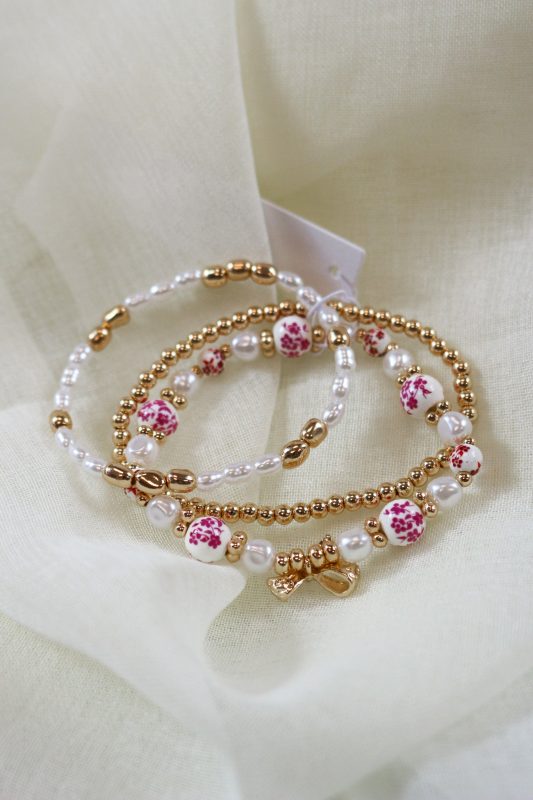 Gold & Pink Ceramic Porcelain Bow Multi Layer Bracelet