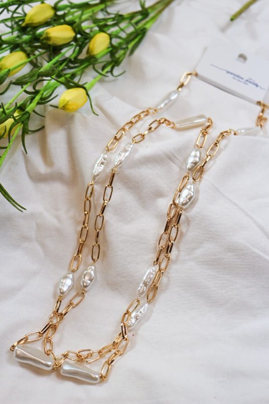 Gold Pearl Long Chain Necklace