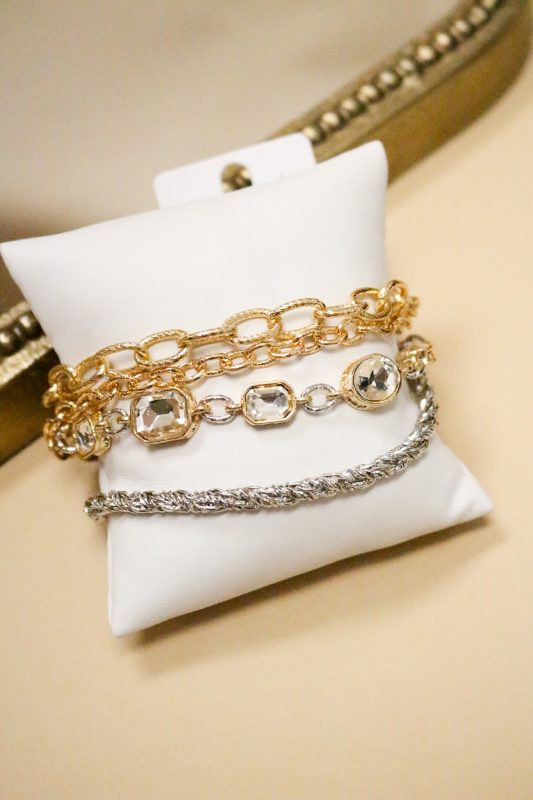 Gold Silver Textured Layered Chain Clear Crystal 7.5 Bracelet