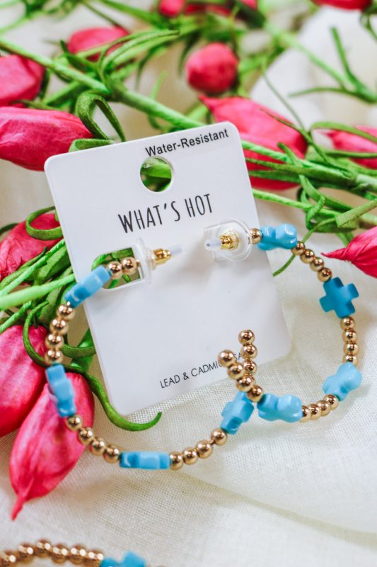 Gold Turquoise Cross Beaded Hoop Earrings