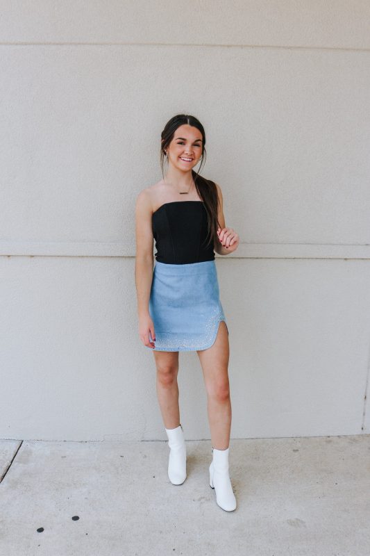 Got That Feeling Light Denim Rhinestone Skirt