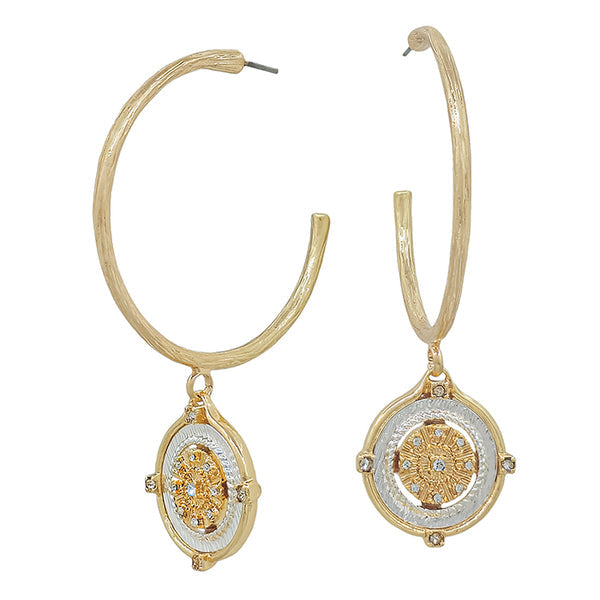 Gold Thin Hoop Two Tone Coin Charm Earring