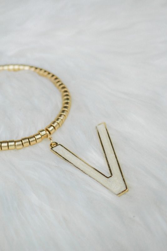Gold & White V Beaded Keyring