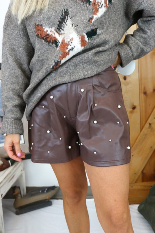 Got Your Attention Chocolate Brown Pearl Leather Shorts