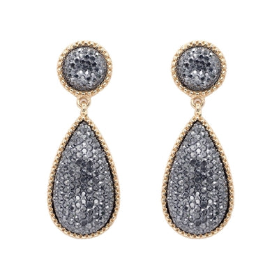 Hematite Pave Stone Two Drop Teardrop 1.75 Earring