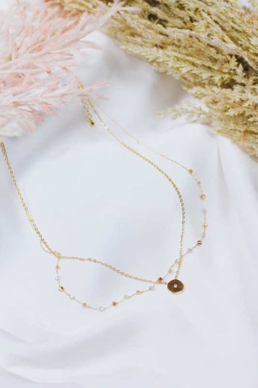 Multi Crystal with Gold Rhinestone Studded Coin Layered 16-18 Necklace