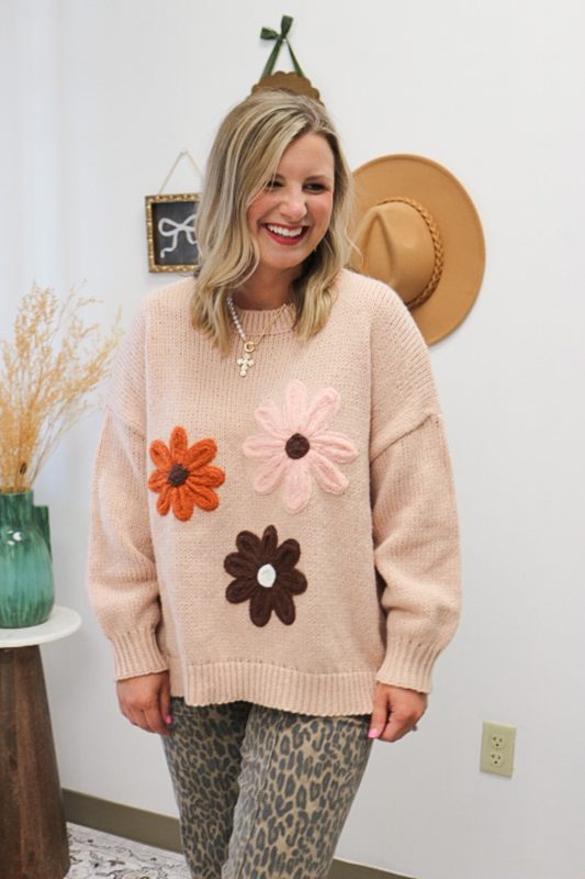 Mud Pie Farley Floral Tan Sweater