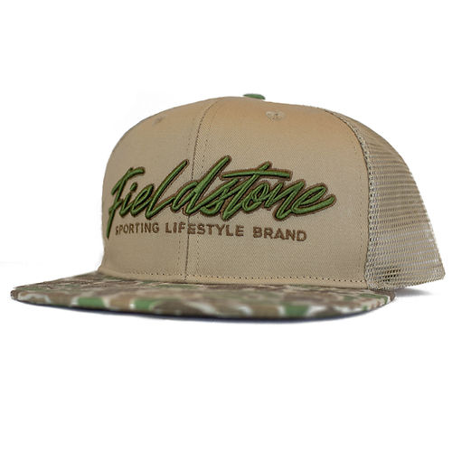 Men's 6 Panel Script Logo Camo Bill Hat