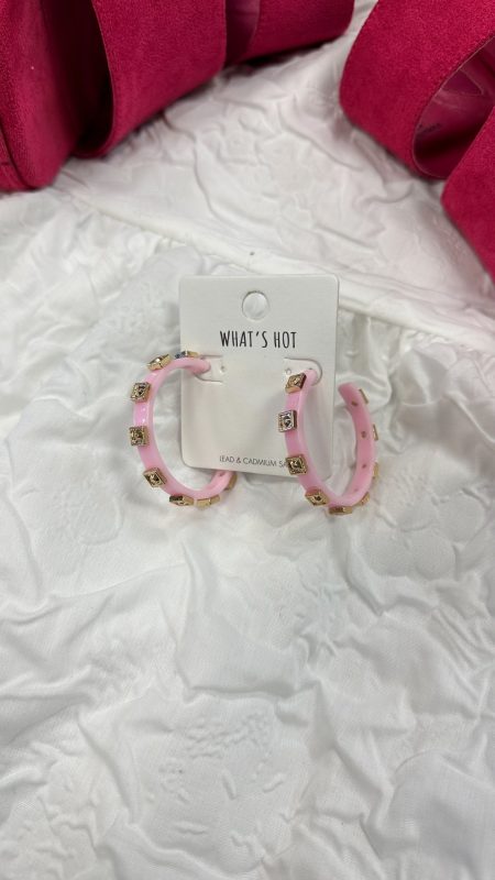 Pink Acrylic Hoop with Textured Gold Squares 2 Hoop Earring