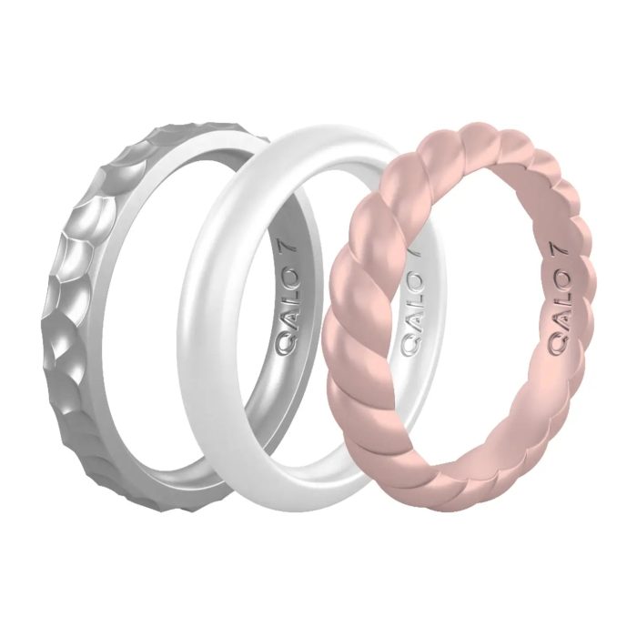 Qalo Forged Silver, Classic Pearl & Rose Silicone Rings Stackable Collection