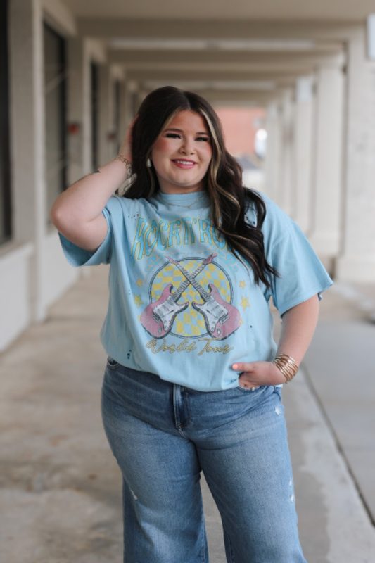 Rock N Roll Light Blue Oversized Graphic Tee