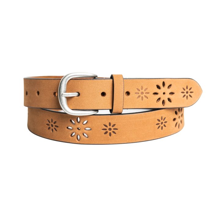 Silver Floral Embossed Tan Leather Belt