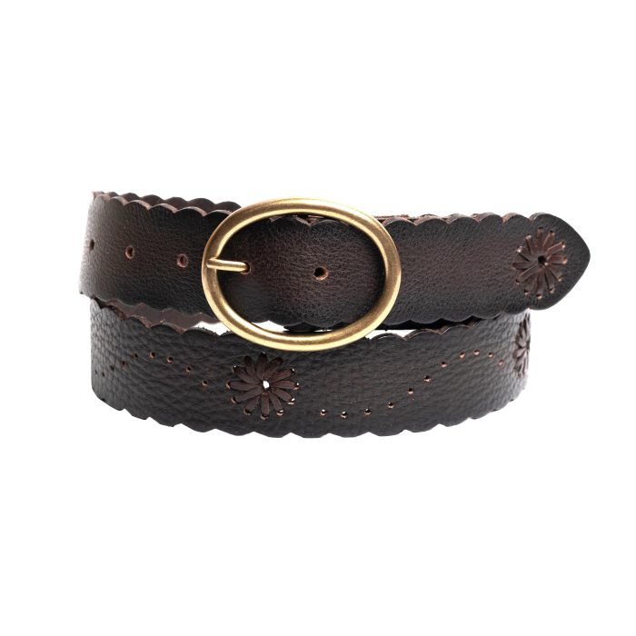 Silver Scallop Edge Dark Brown Genuine Leather Belt