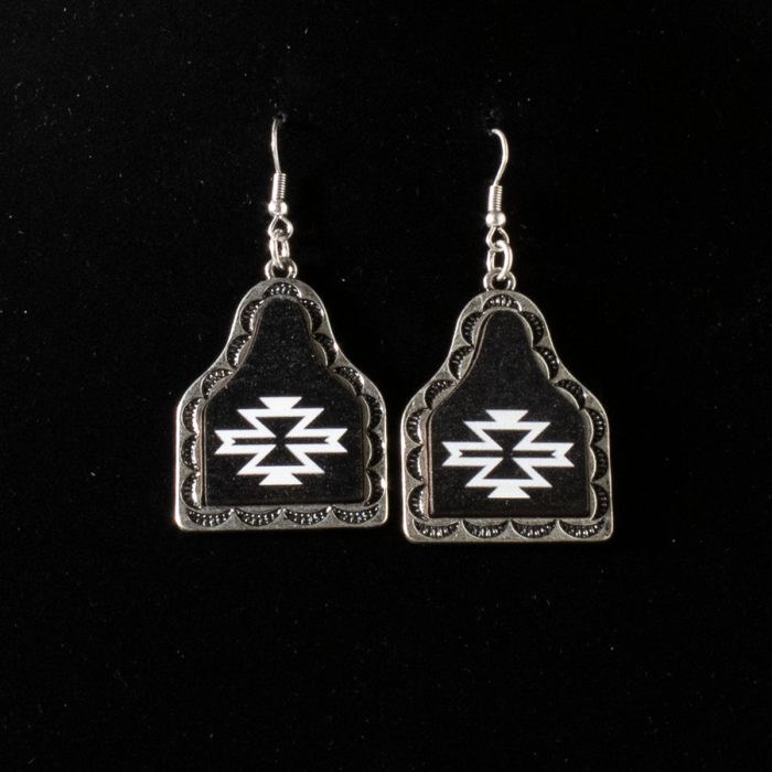 silver Strike Ladies Cow Tag Dangle Black Earrings