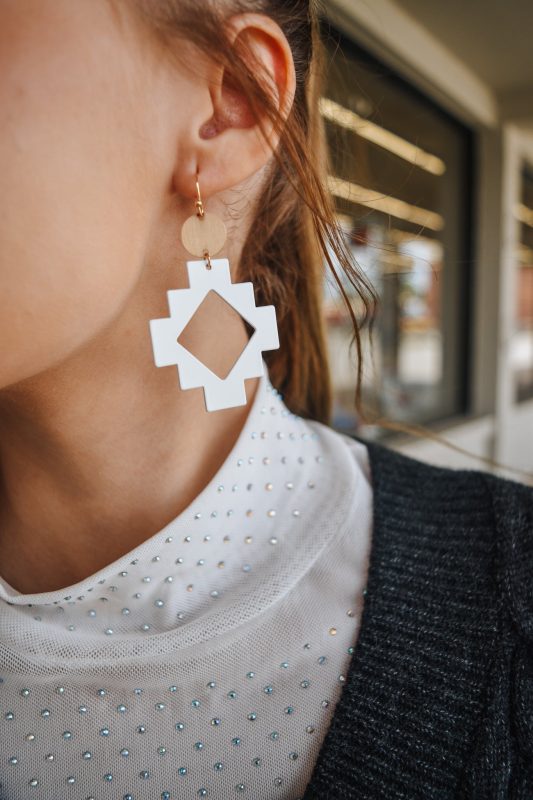 White Color Coated Metal Aztec Printed 2 Earring