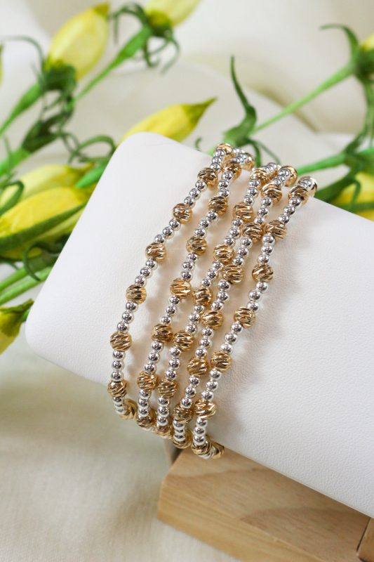 Water Resistant Silver Gold Beaded Set of 5 Stretch Bracelets