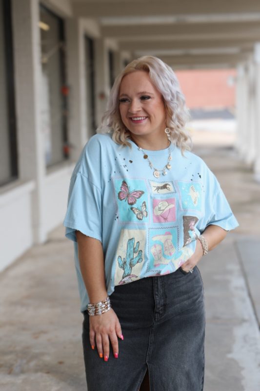 Western Stamps Light Blue Oversized Graphic Tee
