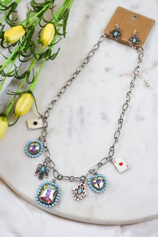 Western Silver Turquoise Jewel Multi Charm Necklace