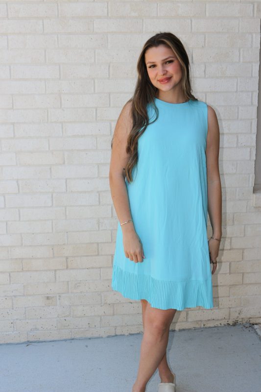 Walks On The Shore Aqua Blue Pleated Dress